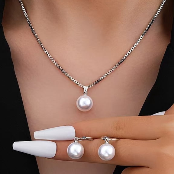 SmartBy Faux Pearl Jewelry Set for Women White Faux Pearl Necklace Hoop Earrings Set for Bride Bridesmaid Wedding Accessory