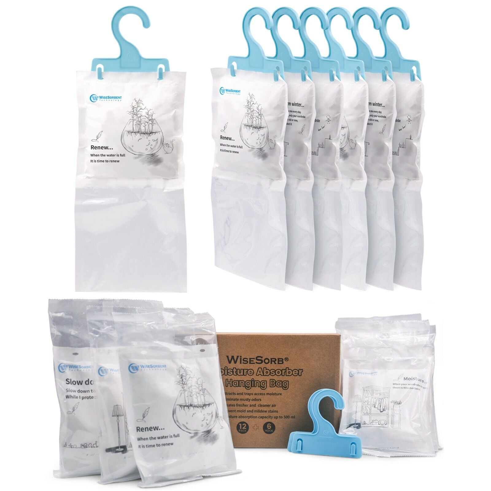 Wisesorb Moisture Absorber Refill Hanging Bags, 12 Pack (7 oz. ea.) of