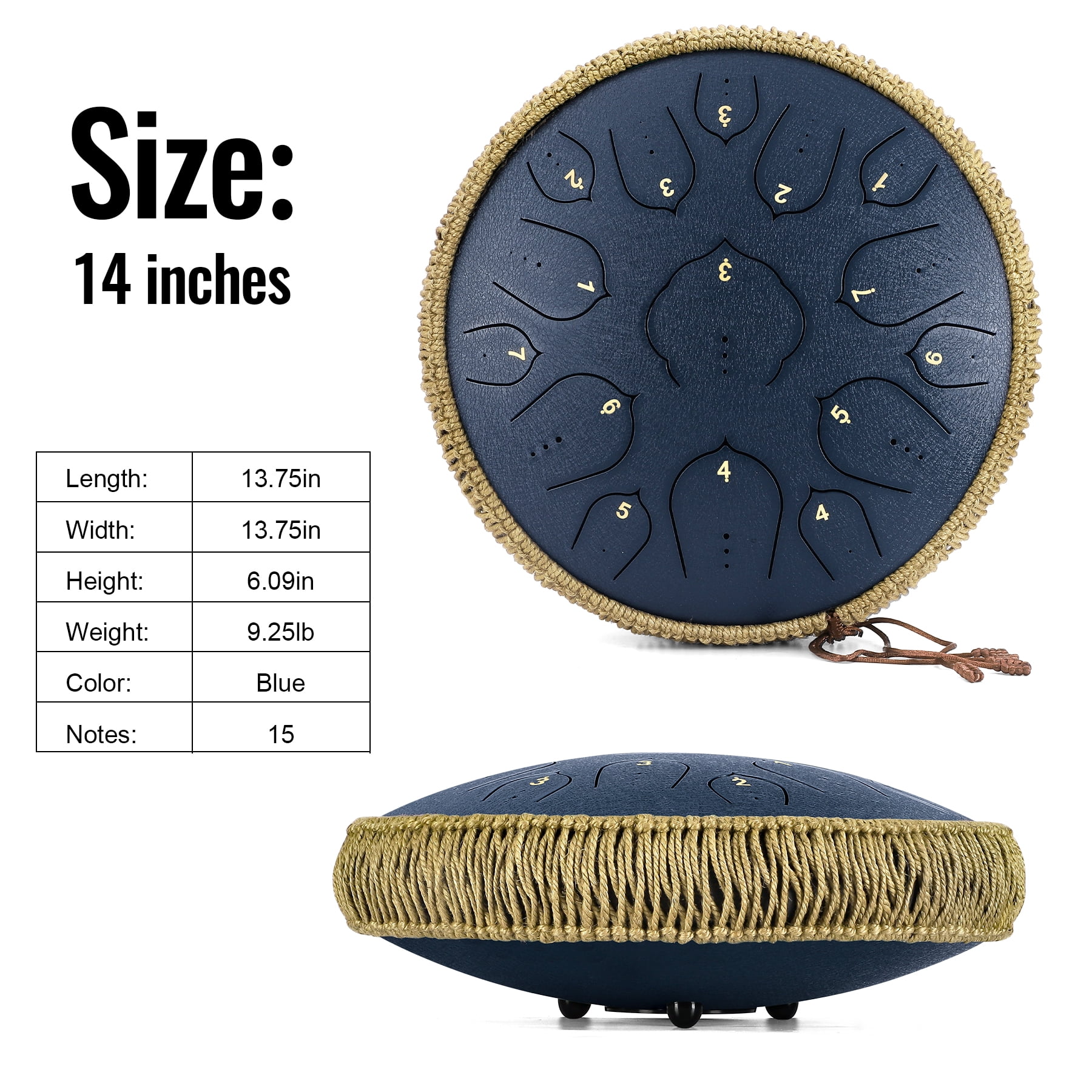 Steel Tongue Drum-14" 15 Note Tongue Pan Drums for Adults, D Major, Carry Bag, Navy Blue