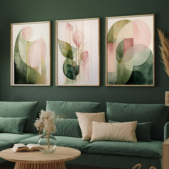 Set of 3 Modern Green Pink Abstract Botanical Wall Art Prints, Watercolour Painting Print, Plant Canvas Posters, Aesthetic Wall Decor, Artwork for Living Room, Bedroom, Kitchen, Office, Cafe, Dining