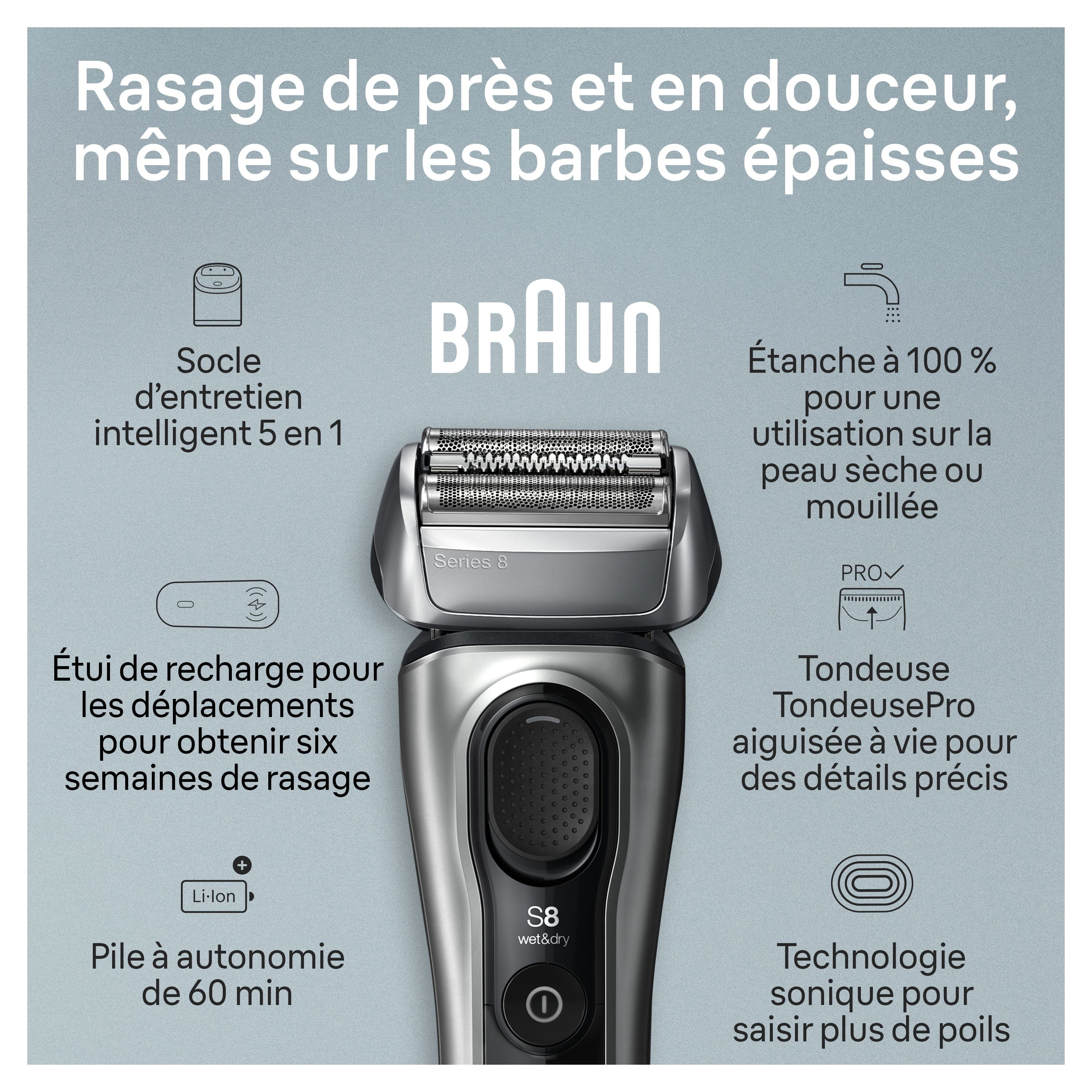 Rasoir électrique Braun Series 8, 4+1 éléments & tondeuse de précision pour poils longs, centre SmartCare 5 en 1, de près & en douceur même sur les barbes denses, étui pour chargement mobile, peau sèc