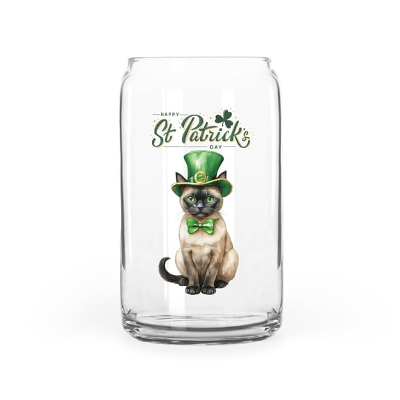 Happy St. Patrick’s Day Siamese with Green Hat Shamrocks Rainbow 16oz Glass Cup Mug Cat Lover Kitten Owner Gifts Glass Can - 03007