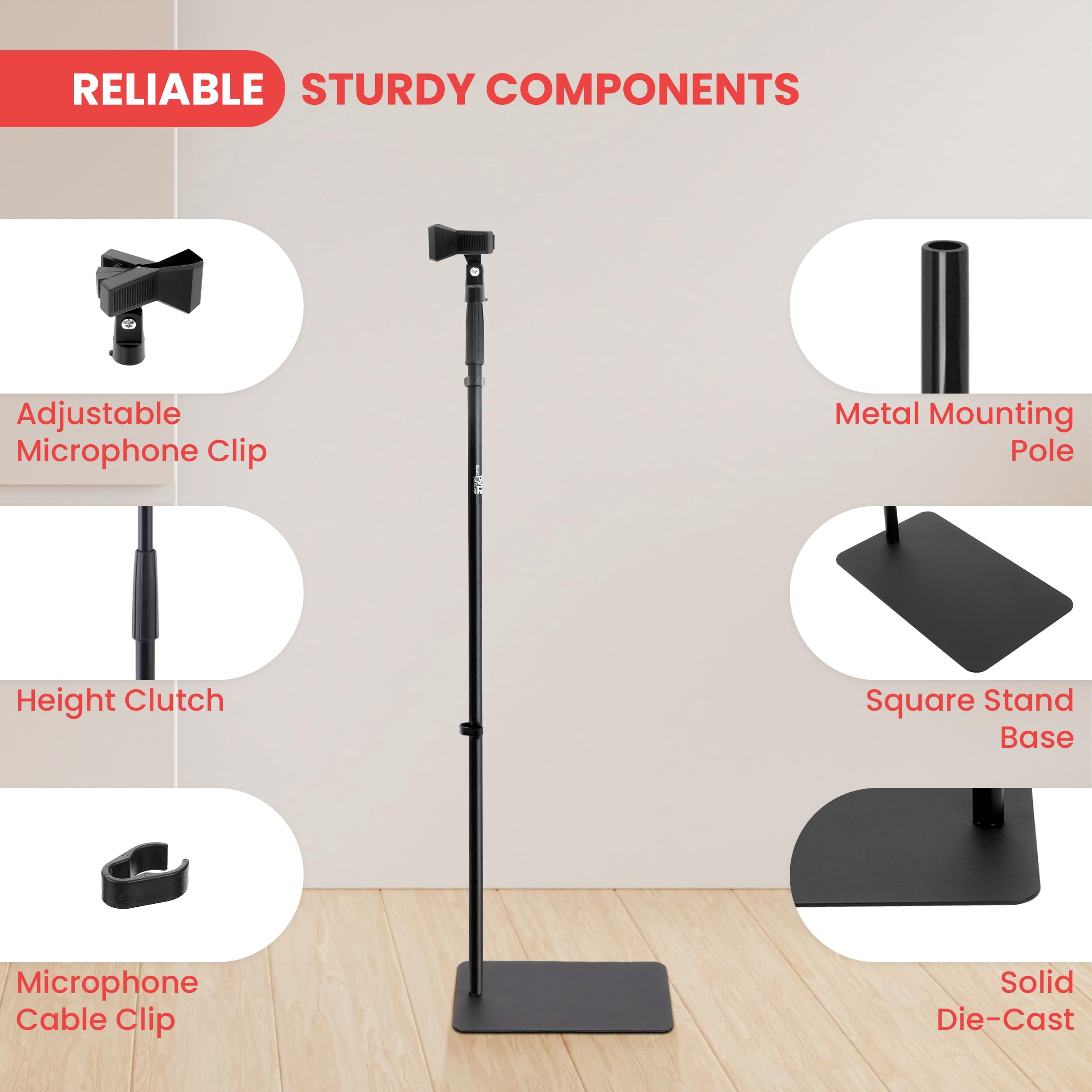 Pyle Square Base Mic Stand with Mic Clip - Heavy Duty, Height Adjustable, 36.2" to 63.38'', Solid Die-Cast Base, Studio & Concert Use, Universal 5/8'' Adapter, Cable Clip Included