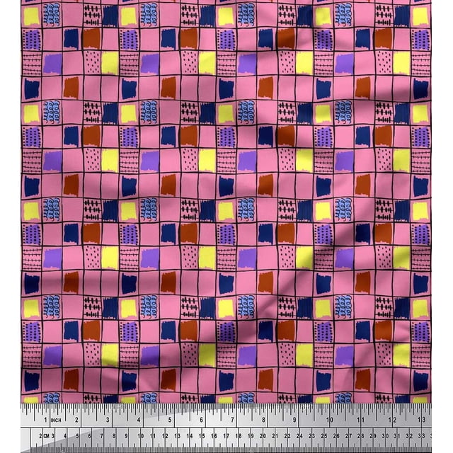 Soimoi Rayon Fabric Check & Brush Stroke Abstract Print Sewing Fabric Yard 42 Inch Wide