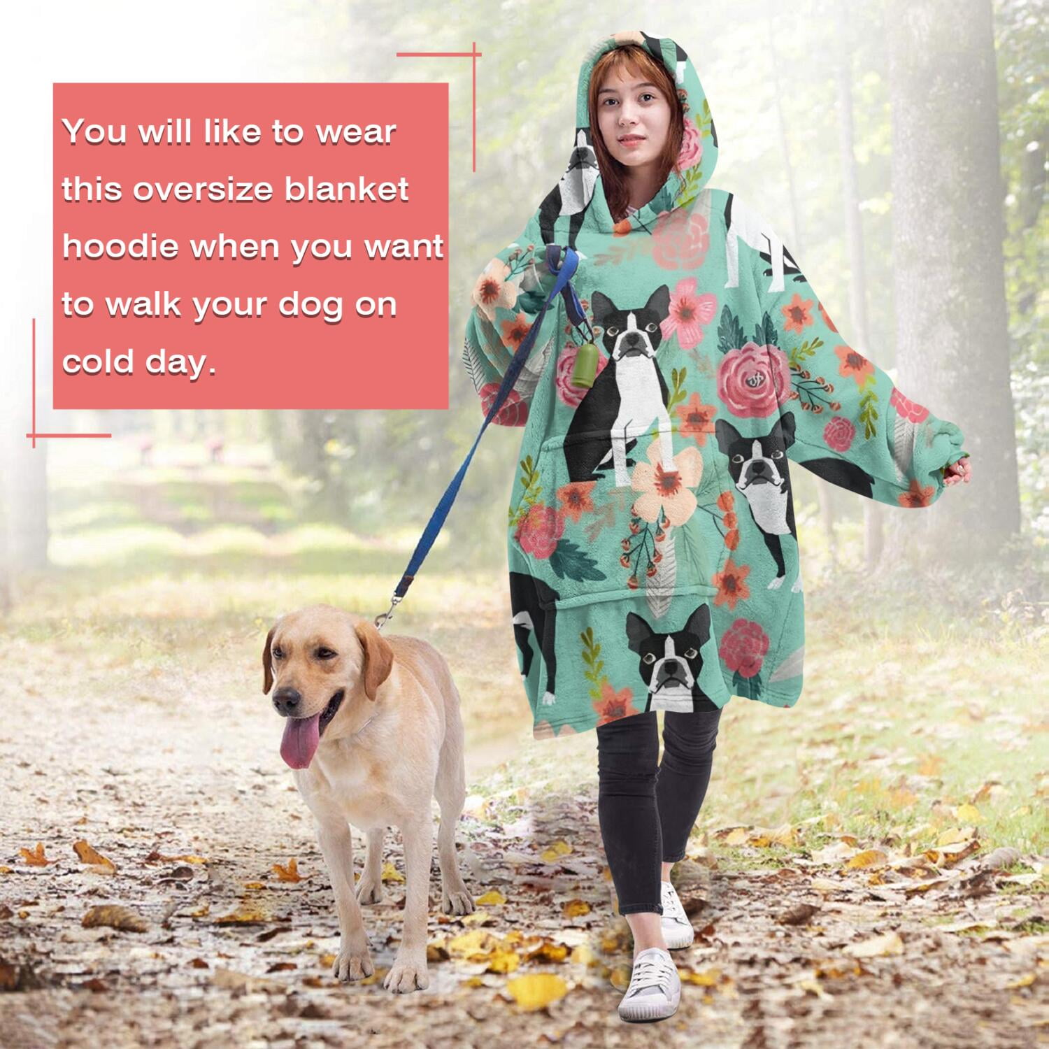 Wearable Oversized Blanket,Boston Terrier Floral Flowers Wearable Blanket Hoodie for Adults,Cozy Hooded Blankets with Super Pockets,Super Warm Fuzzy Pullover for Women & Men