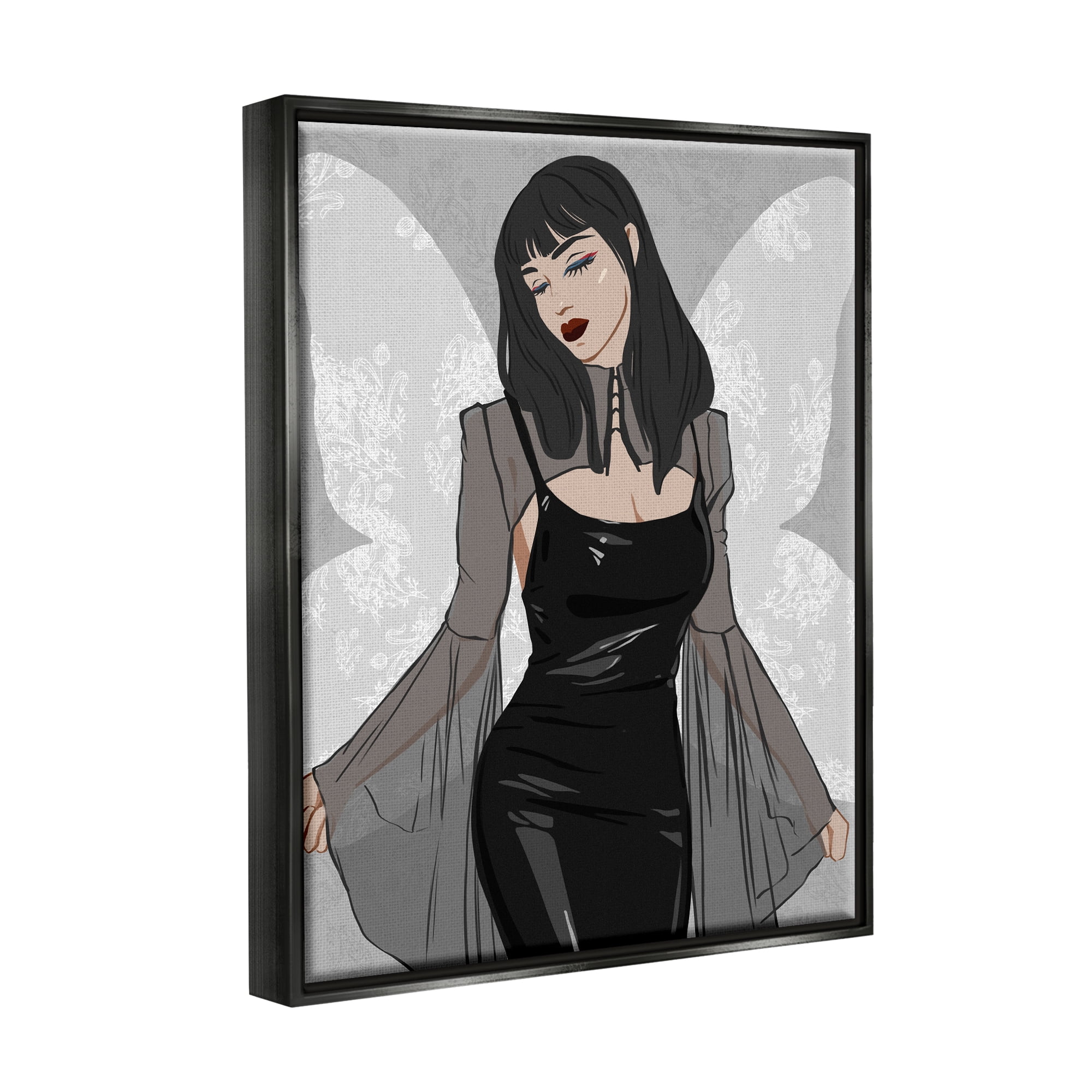 Stupell Goth Fashion Girl Botanical Pattern Beauty & Fashion Painting Black Floater Framed Art Print Wall Art