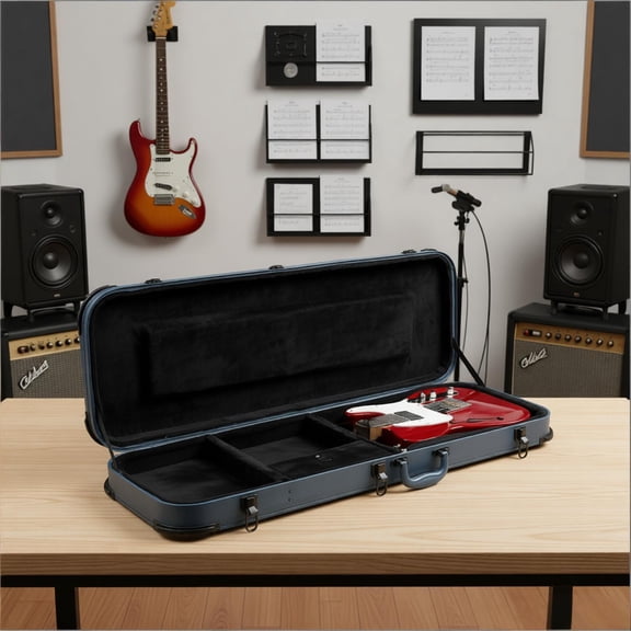 Electric Guitar Square Hard Case Blue PU Leather Covered Wood Protective Sleeve Plush Lined Interior fits ST TL Burning Fire 170Style Lockable Chrome Latches Large Accessory Storage