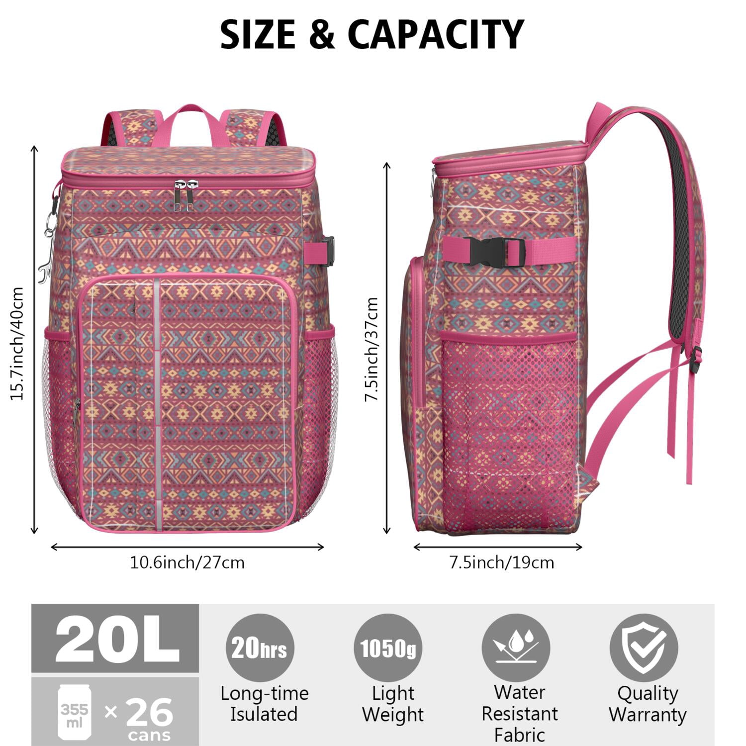 Travel Cooler Bag - Boho Bohemia Pioneer Flower Geometric Line Art Camping Beer Cooler Backpack with Bottle Opener- Waterproof Insulated Picnic Backpacks - Cooler Bag for Beach