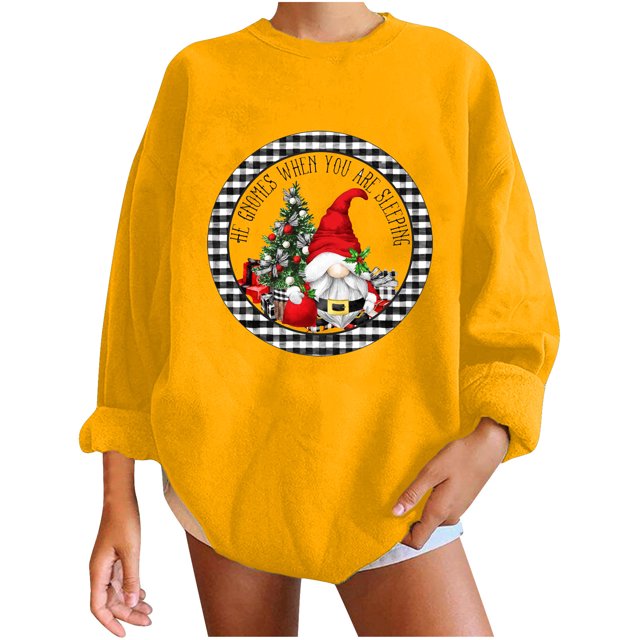 Pompotops Automne et Hiver Femmes Chandail Imprimé de Noël Col Rond Manches Longues Blouse Unie Hauts Chandails en Molleton