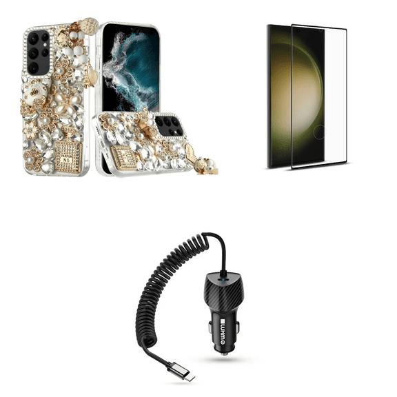 HR Diamond Bling Case for Galaxy S23  Plus Bundle with Glass Screen Protector, 40W USB-C Car Charger (Type-C Port) - 5 Foot - Silver Eiffel Tower Charms