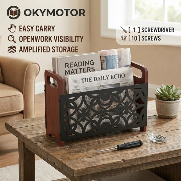 Magazine Rack Wood Magazine Rack Metal and Wood Magazine File Holder Desktop Organizer with Handle for Coffee Table Bookshelf Newspapers