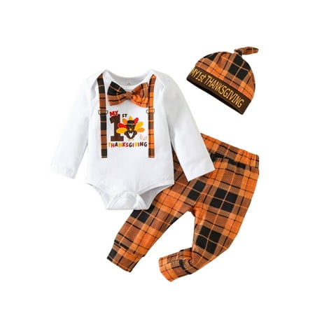 

Ma&Baby Toddler Baby Boys Thanksgiving Outfit Sets Long Sleeve Turkey Print Romper + Plaid Pants + Hat