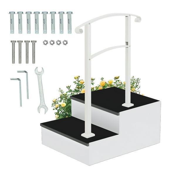 Kojem 3FT Step Hand Rail for Outdoor Steps Compatible with 2-3 Steps Adjustable Steel Handrails Outdoor Railing for Stairs White Powder Coated Heavy Duty