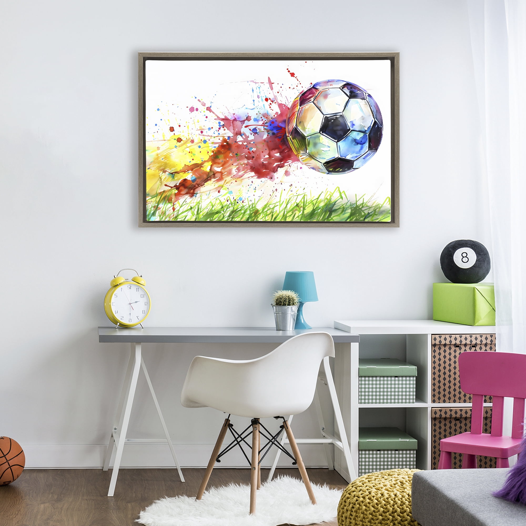 Stupell Industries Watercolor Soccer Ball in Motion Brown Framed Floater Canvas Wall Art, design by Creative Studio