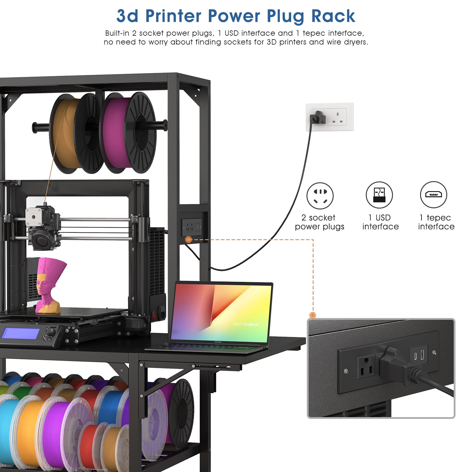 3D Printer Stand, Heavy Duty 3D Printer Table Stand with Filament Storage Rack, T-Shaped Spools Holder Rack with Wheels,3D Printer Workbench for 3D Printing Studio, Home Office Workshop