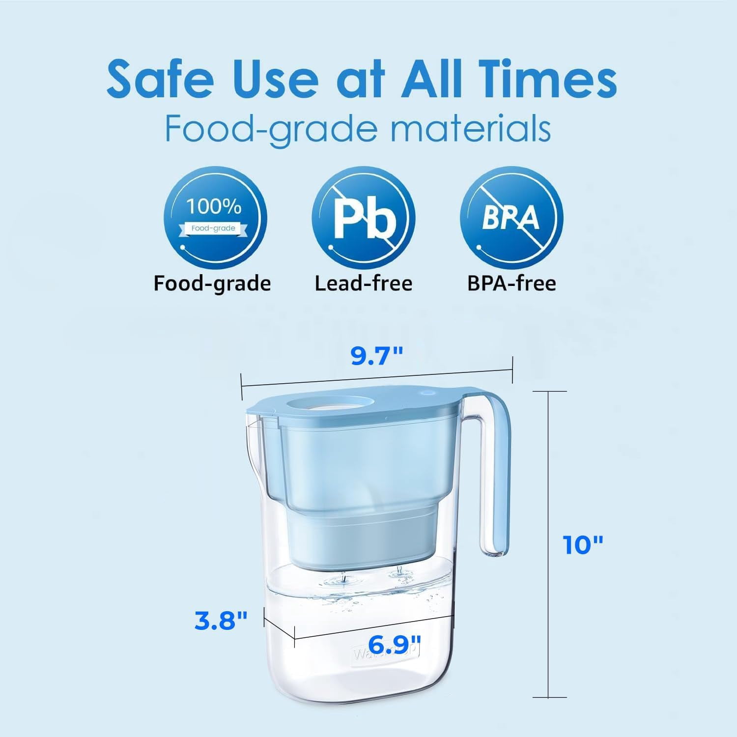 Waterdrop PT-05B Water Filter Pitcher, 7-Cup Capacity, NSF Certified, 5X Longer Filter Life, Up to 200 Gallons, for Fridge, Countertop, and Gift Giving, Reduces PFOA/PFOS, Chlorine, Blue