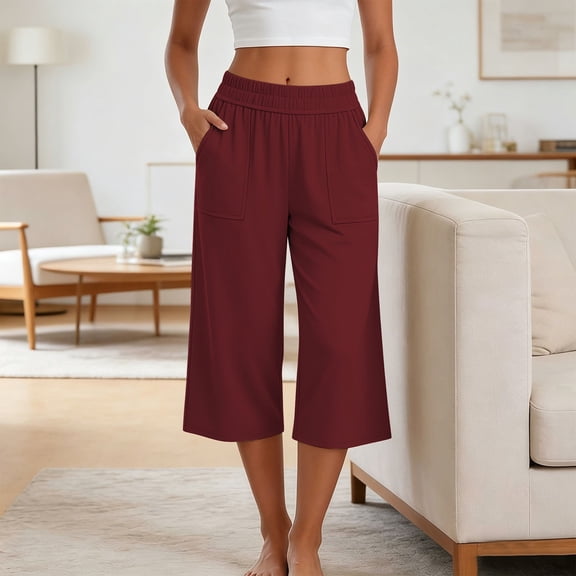Pounoo Capri Pants Women High Elastic Waist Solid Color Drawstring Closure Wide Fit Bottoms Summer Casual Style Airy Breathable Trousers