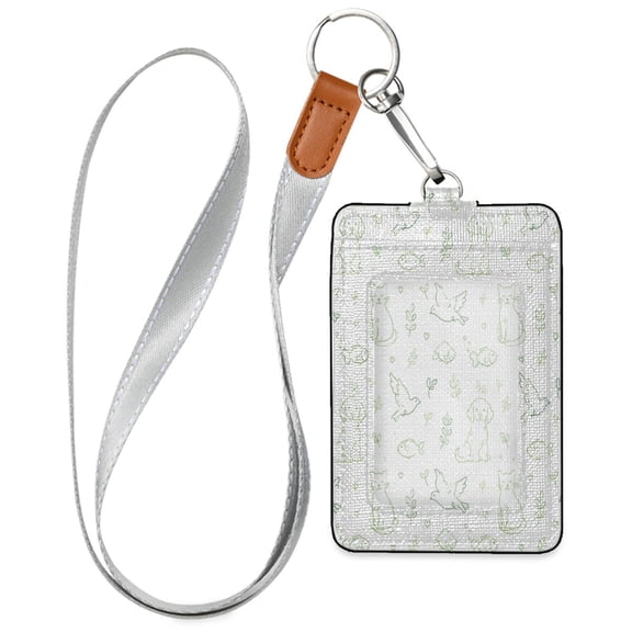 PU Leather Badge Holder Lightweight ID Card Holder with Window Pocket Cute Animals with Green Lines