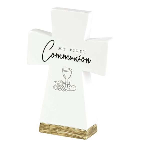 Dicksons My First Communion Woodgrain Base Engraved Decorative White 6 x 3 Resin Tabletop Cross