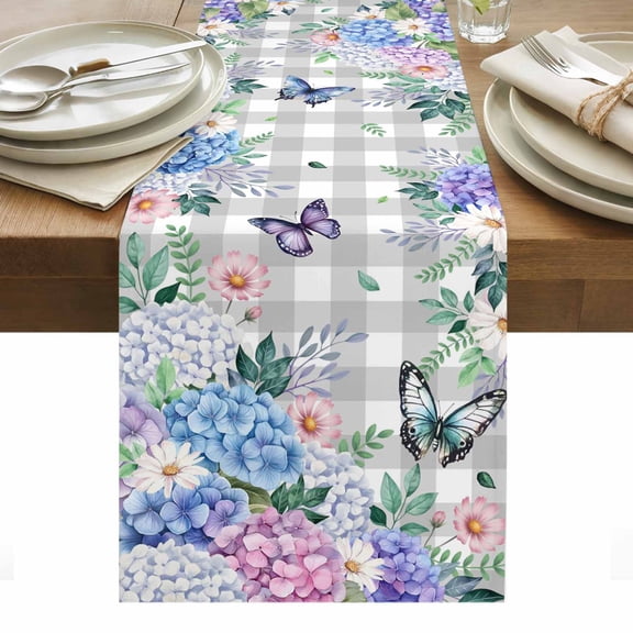 Watercolor Flowers Table Runner - 48 Inch Long, Kitchen Dining Table Runner Dresser Scarves, Spring Butterflies Floral Gray Plaid Farmhouse Decor for Coffee Tables Wedding Party Banquet