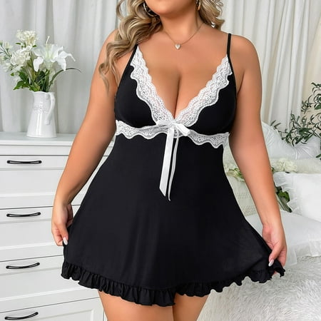 Xysaqa Plus Size Women Nightgown Sexy Floral Lace Chemise Sleepwear V Neck Womens Lingerie Sleep Dress Nightwear 2X 3X 4X Summer Savings