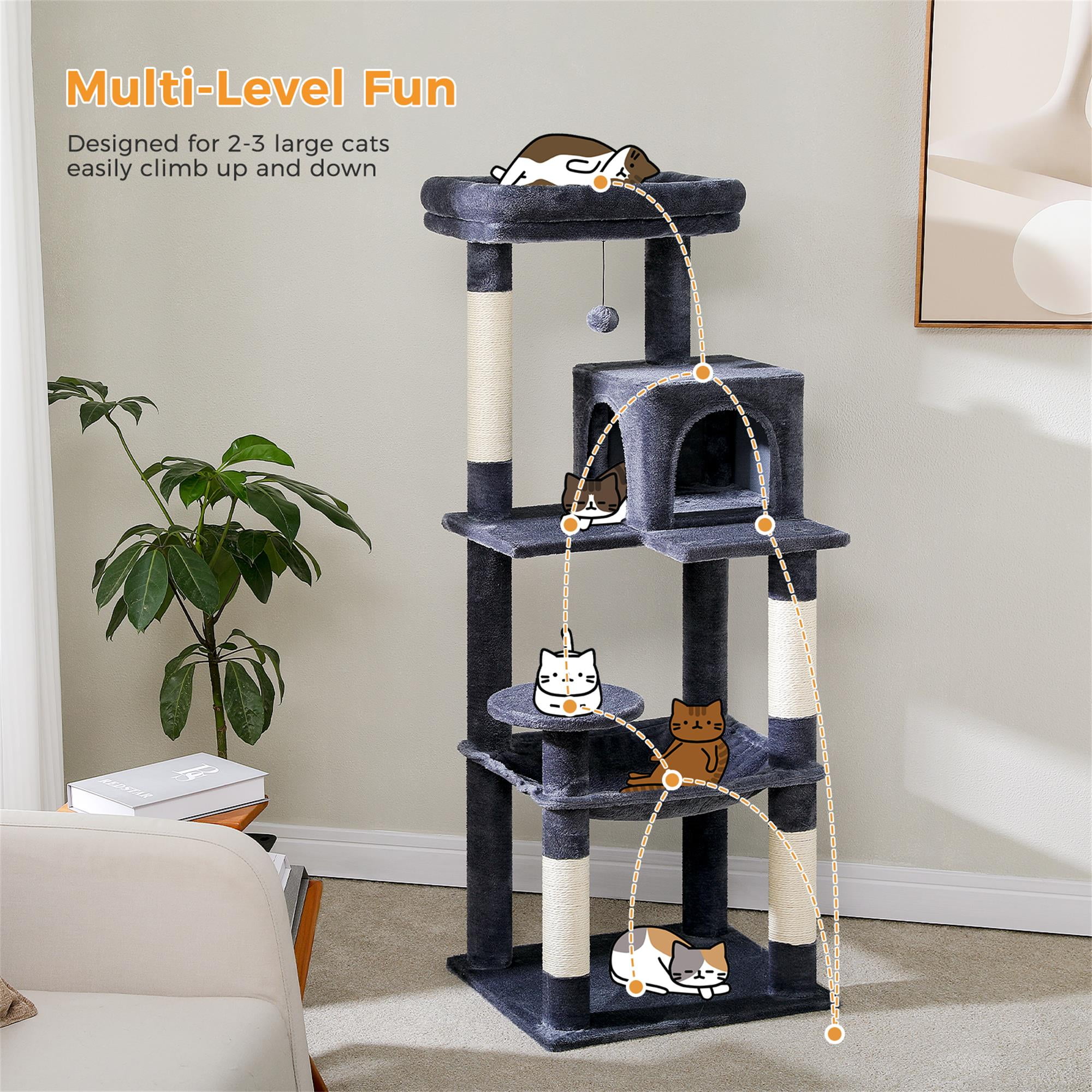 Kadyn 56" Multi-Level Cat Tree Tower for Indoor Cats with Sisal Scratching Posts, Cozy Cat Condo, Large Hammock and Plush Perches Cat Tree House for Large Cats, Dark Gray