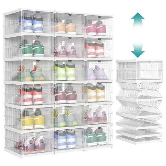 Foldable Shoe Boxes, Pack of 18 Stackable Shoe Storage Organizer, Set of 3 Integraed Shoe Cabinets, Portable, Fit up to US size 13, 60s Assembly, Transparent and Cloud White