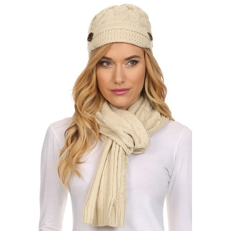 Cable Knit Hat Scarf - Sakkas Womens 2-piece Cable Knitted Visor Beanie Scarf and Hat Set with Button - Beige/One Size