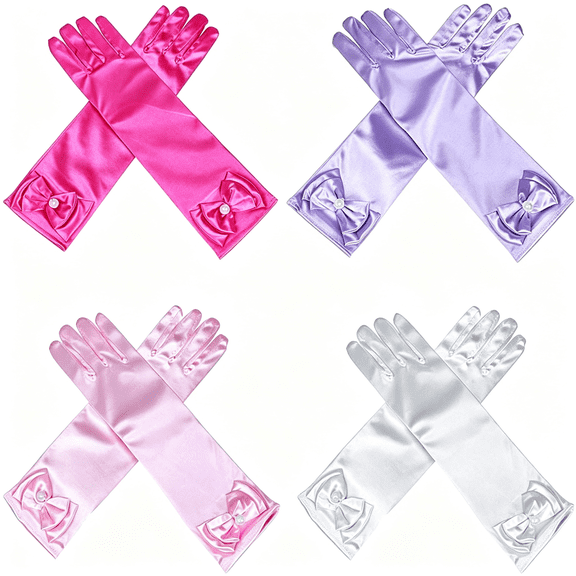TELOLY 4 Pairs Little Girls Long Princess Costume Formal Bows Glove, Age 3-8 Long Bows Kids Gloves