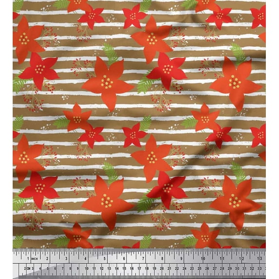 Soimoi Rayon Fabric Stripe,Leaves & Camellias Floral Print Fabric by Yard 56 Inch Wide