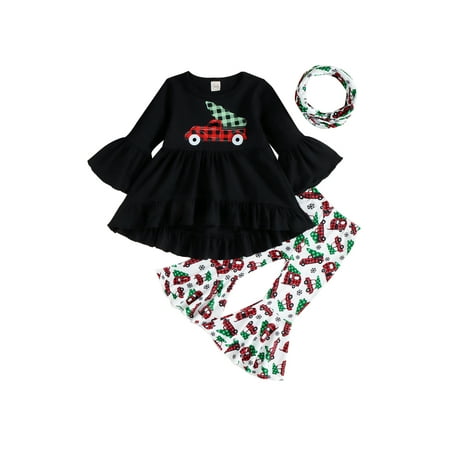 

Peyakidsaa Toddler Girl Christmas Long Sleeve Ruffled A-Line Tops + Elastic Waist Flare Pants + Neckerchief