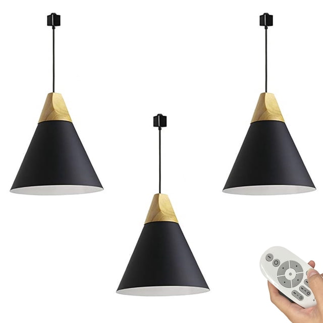 FSLiving Remote Control Pendant Light 3 Lights J-Type Track Pendant Lamps Scandinavian Style Pendant Lights for Kitchen Hanging Lamp Modern Wood and Aluminium Light Customizable - Black