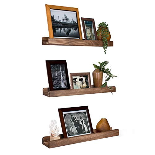 Emfogo Wall Shelves with Ledge 16.9 inch Wood Picture Shelf Rustic Floating Shelves Set of 3 for Storage and Display Carbonized Black