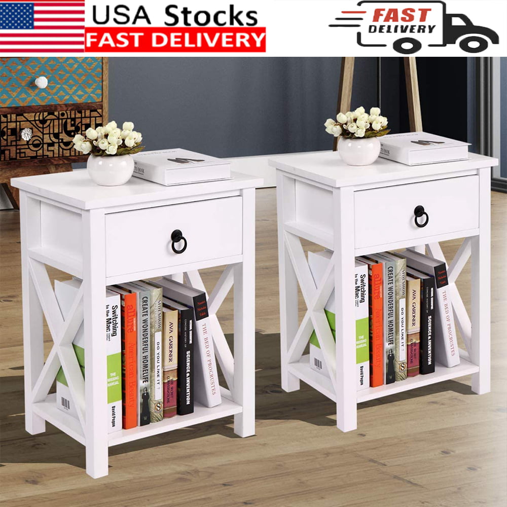 Set of 2 Wooden Side End Table, White Modern Night Stand