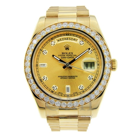18K Yellow Gold Rolex Diamond Watch, Day Date II 41mm, Champagne Diamond Dial & 5CT Diamond Bezel, Rolex, Adult, Male