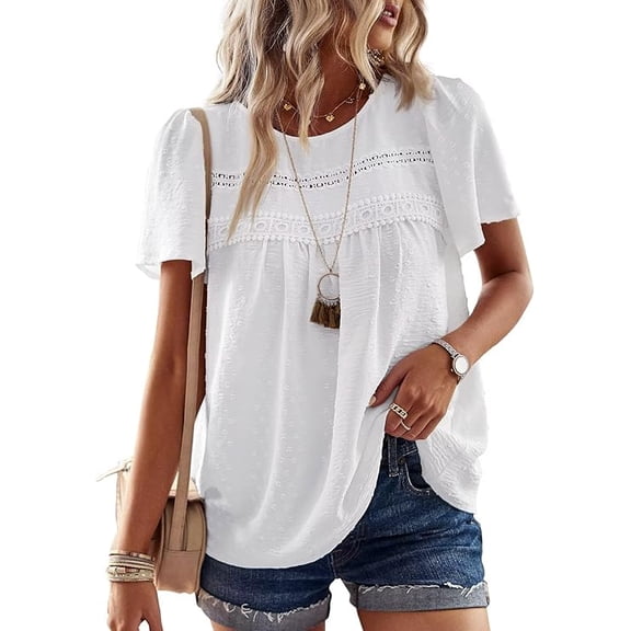 SOMER Boho Tops for Women Crewneck Short Sleeve Shirts Casual Chiffon Blouses Flowy Lace Trim Clothing Trendy 2026