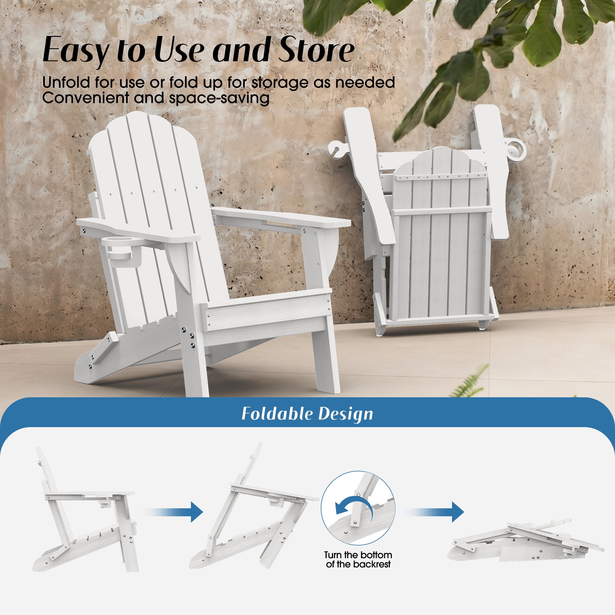 Folding Adirondack Chairs Set of 2, HDPE Plastic Fire Pit Chairs, White