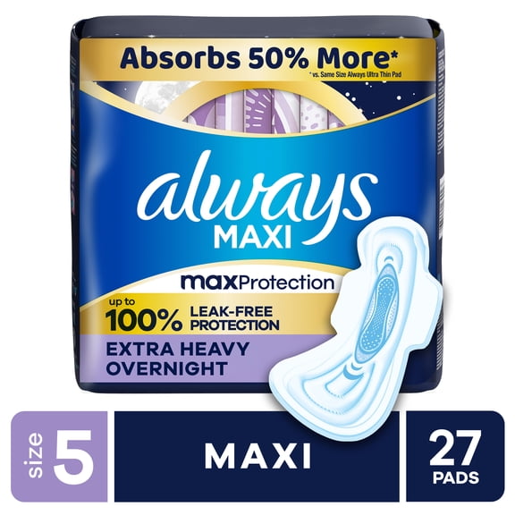 Always Maxi Pads with Wings, Size 5, Extra Heavy Overnight Absorbency, 27 CT