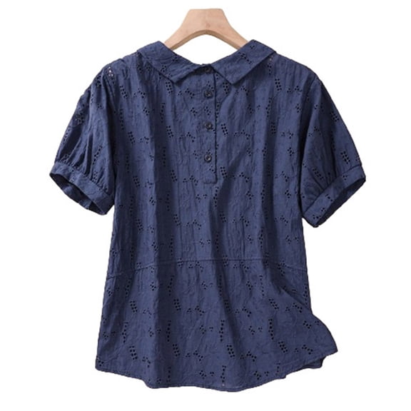 STETMN V Neck Jacquard Top for Women Puff Half Sleeve Loose T-shirt Casual Curved Hem Lightweight Tee