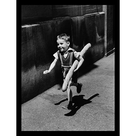 Parisian Room Decor buyartforless FRAMED Petit Parisian (Boy Running with Bread) by Willy Ronis 16x12 Photograph Art Print Poster French France Paris ()