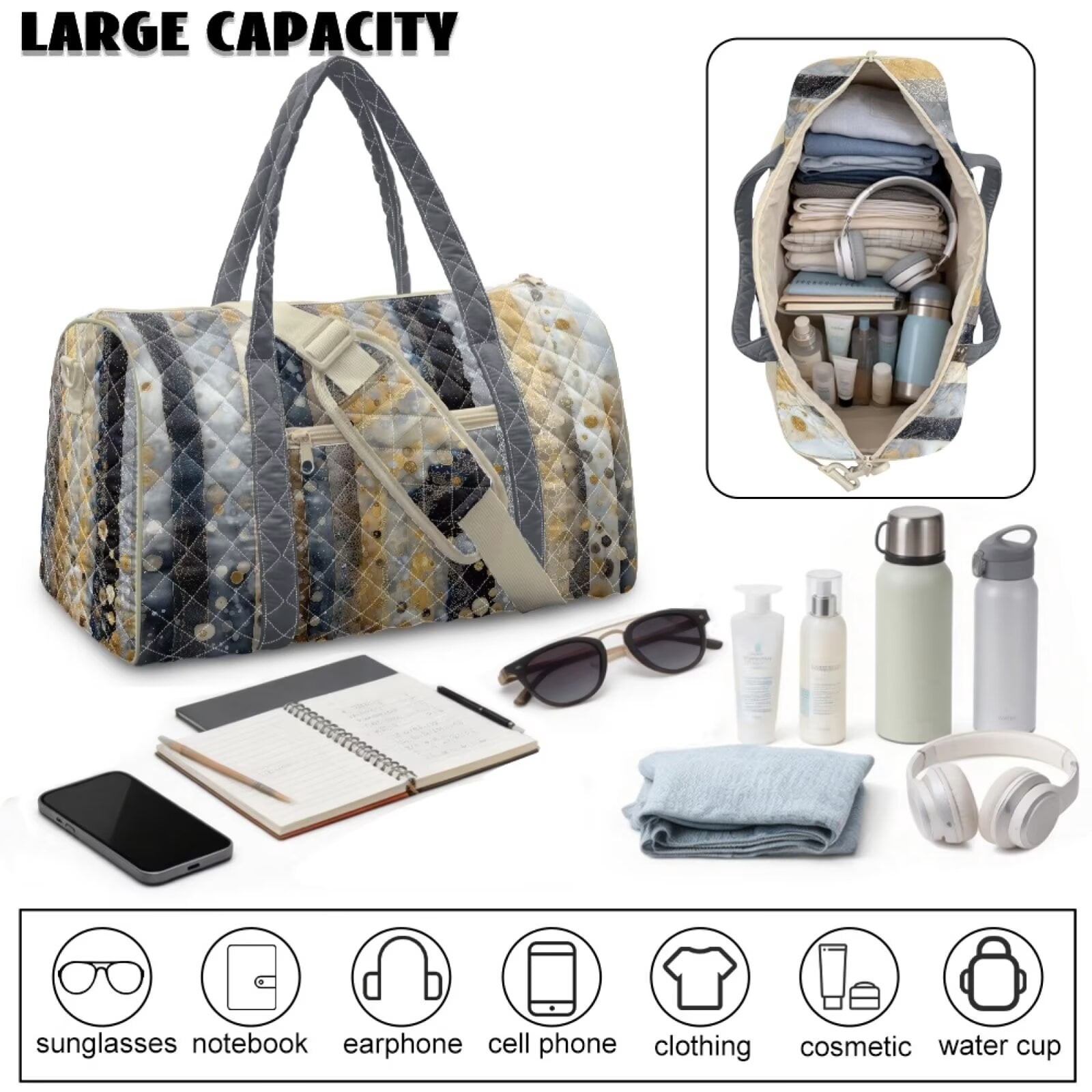 Chririnla Versatile Weekender Bag for Man Women Unisex Gym Bag with Quilted Fabric & Luggage Handle Strap Fits Under Seat, Watercolor Stripe Print