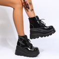 thumbnail image 2 of CEHVOM Chaussures pour Femmes Mode Bout Rond Talon Compensé Bas Lacets Cuir Verni Bottes Brillantes, 2 of 9