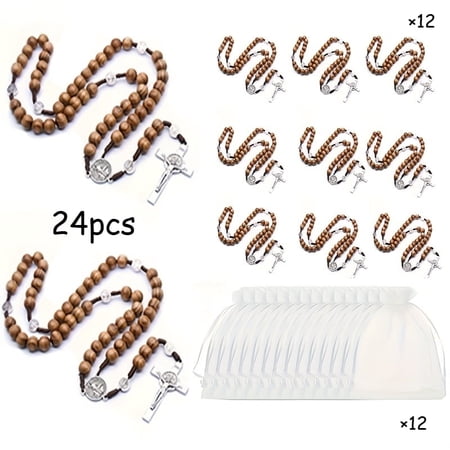 24pcs Christian Cross Jesus Pendant Rosary Necklace-12Rosary Necklaces with 12Gauze Bags, Vintage Cross Jesus Pendant with Religious Blessing for Daily Wearing Baptisms Church, for Family and Friends