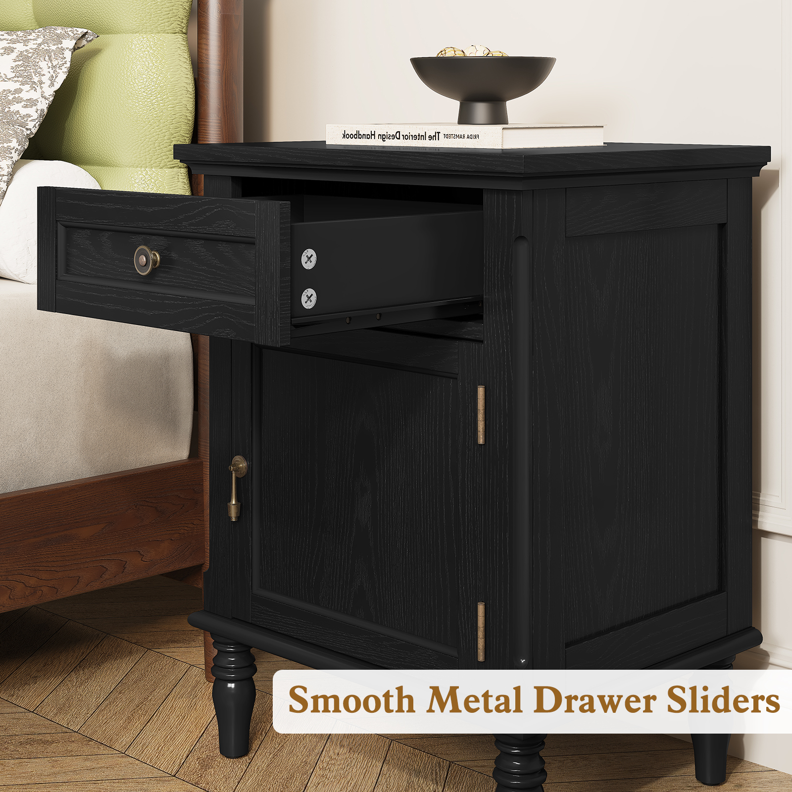 HLR 25"H Nightstands Set of 2, Modern Retro Bedside Table with Drawer, End Table for Bedroom, Black