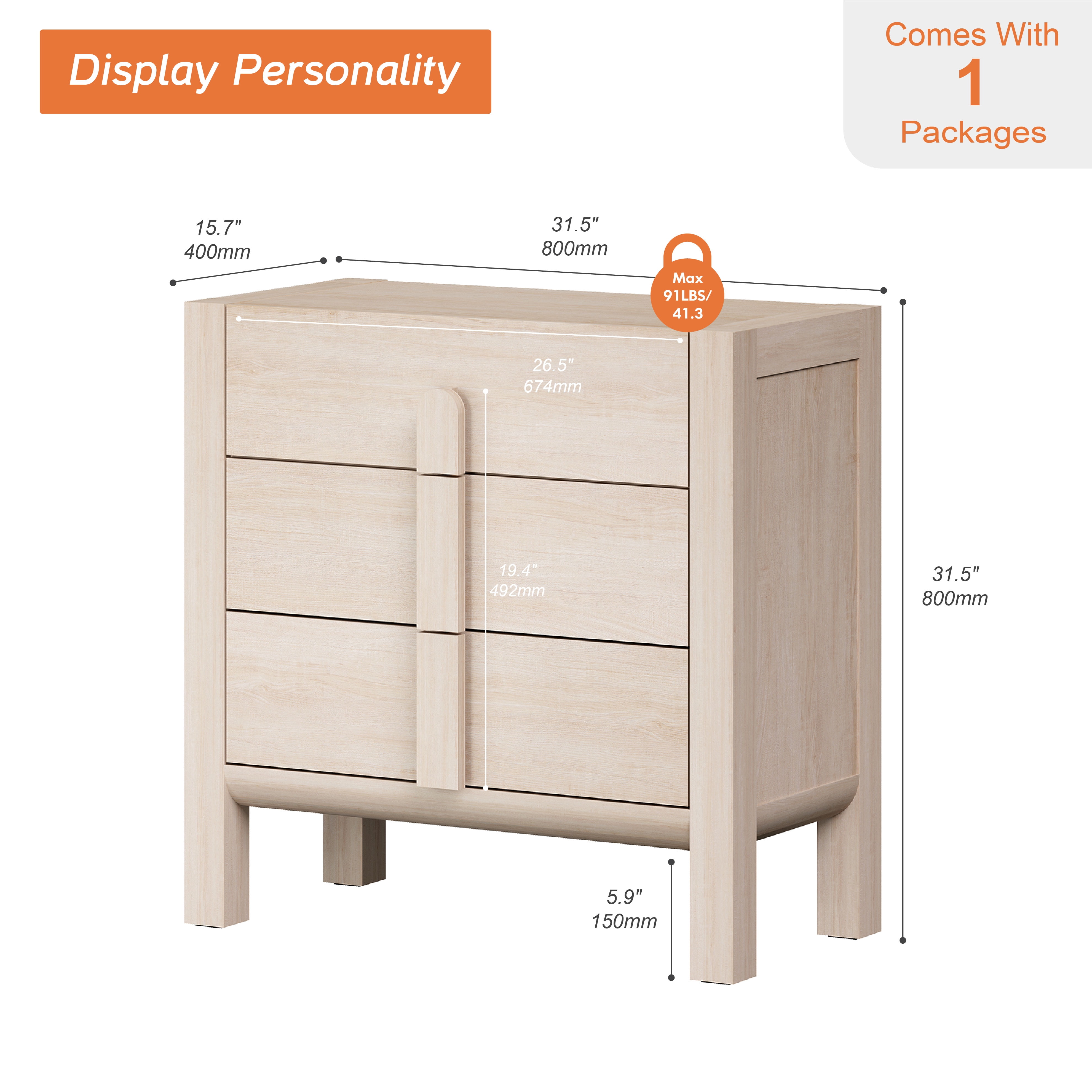 Mid-Century Modern 31.5" Dresser with Three Drawers, Wood Dresser Organizer Storage for Bedroom,Living room, Entryway