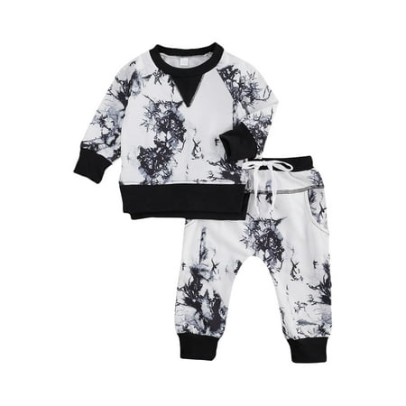 

wybzd Baby Boys Clothes Autumn Set Long Sleeve Clothing Tie Dye Print Tshirts + Pants Tracksuits Set Black White 0-6 Months