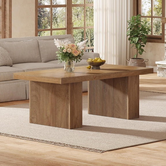 Finmind 47.24" Farmhouse Coffee Table, Rustic Rectangle Center Table with Thick Base for Living Room, Apartment, Brown