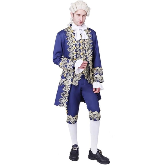 Men's 18th Century Regency Blue Tailcoat Nobleman Court Outfit Set with Vest Pants Collar and Cuffs