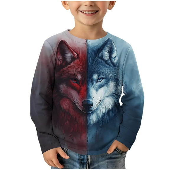 Teyfeniy Black Boys Wolf Graphic Shirts Toddlers Kids Long Sleeve Tops Spring Fall Casual Fashion Pullover Outfit Stylish Blouses