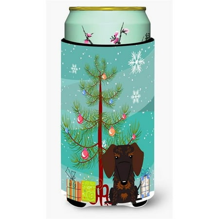 

Merry Christmas Tree Wire Haired Dachshund Chocolate Tall Boy Beverage Insulator Hugger